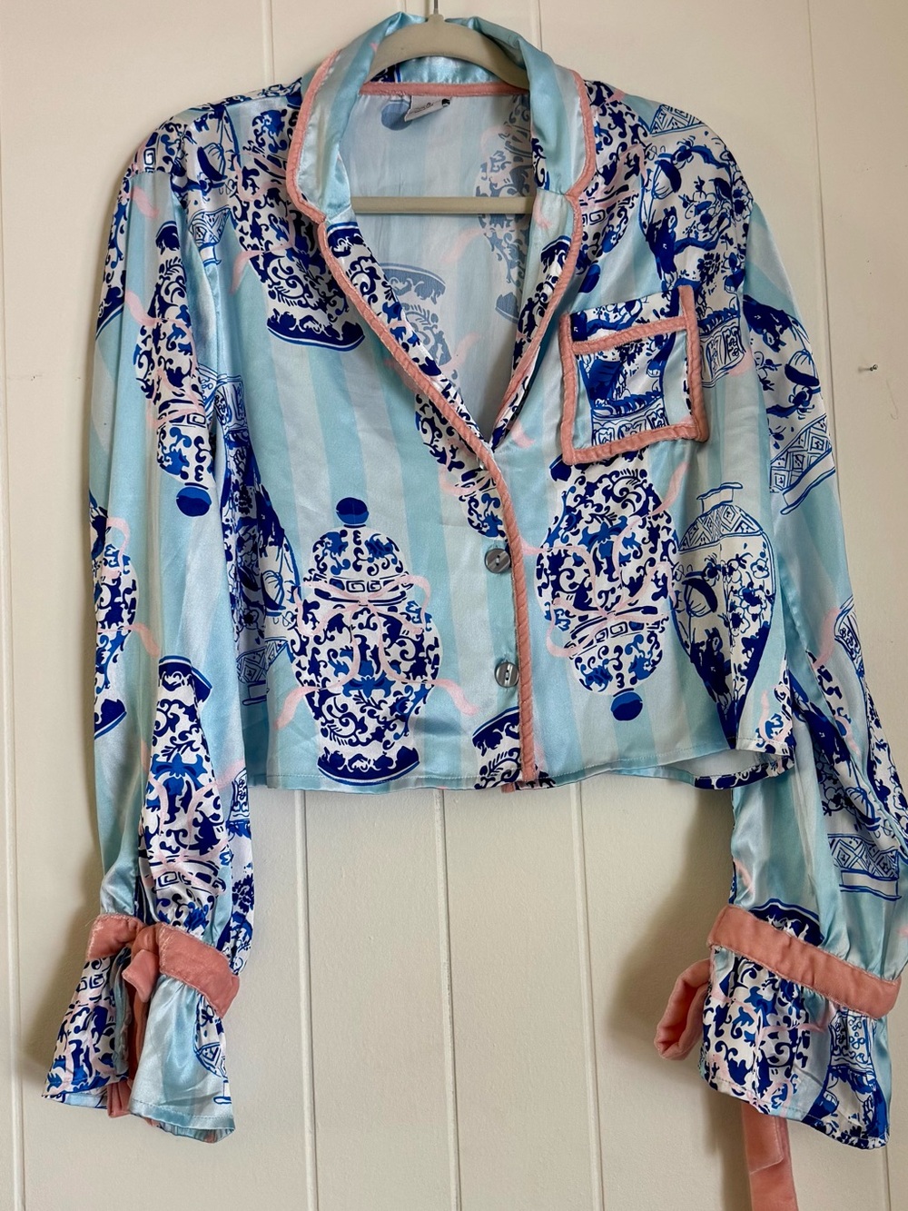 Oak Lane Blue & White Chinoiserie Satin Tie Sleeve Crop Top L/XL